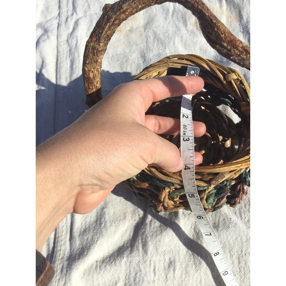 Rustic handmade small basket 7” 7 in brown green bohemian rustic witch fairy